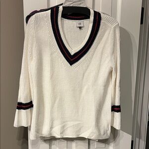 CAbi Cream V-Neck Sweater with Black and Red Trim